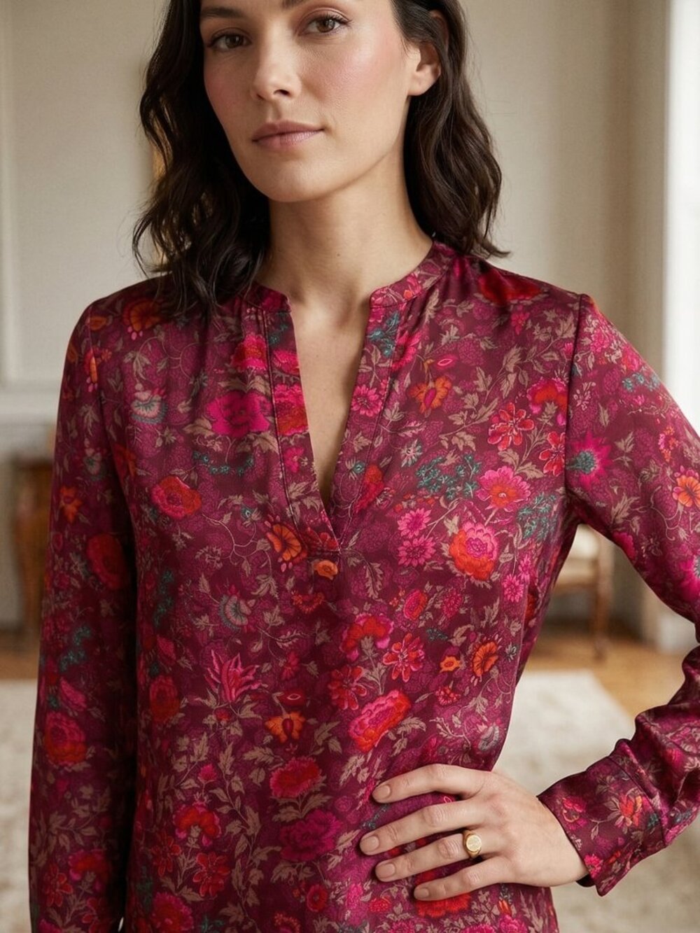 Lauren Ralph Lauren Floral Split Neck Blouse Burgundy Fuchsia Long Sleeve Sz M